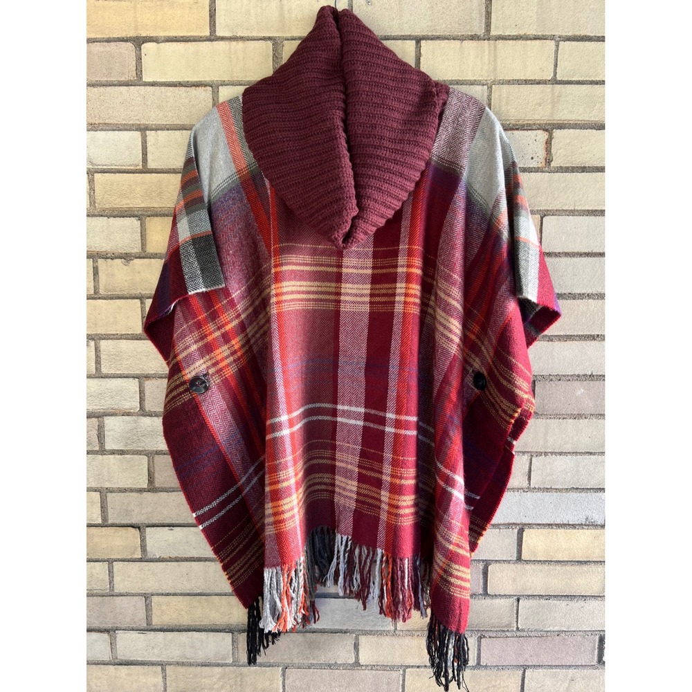 Johnston & Murphy Red Plaid Turtleneck Poncho Scarf Tassel Fringe One Size